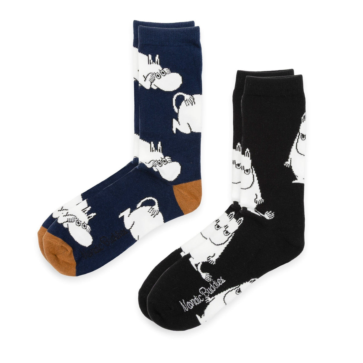 3. Two pairs of socks, one navy with brown toe and one black, featuring white Moomintroll pattern and NordicBuddies logo
