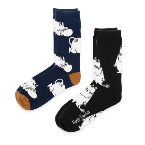 3. Two pairs of socks, one navy with brown toe and one black, featuring white Moomintroll pattern and NordicBuddies logo