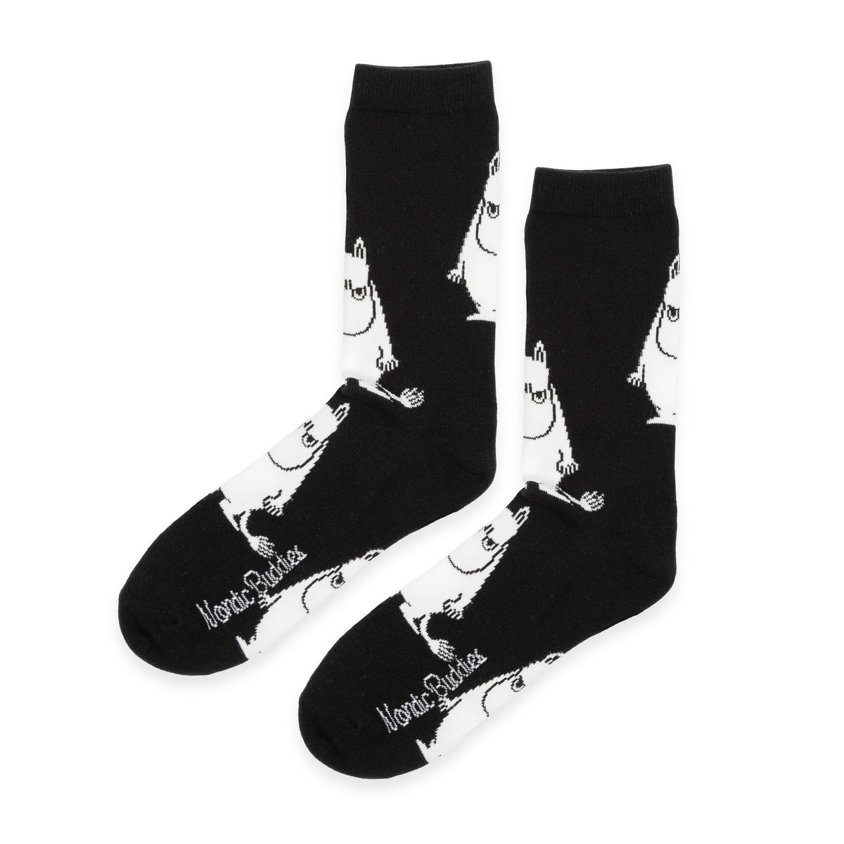 5. Pair of black socks featuring white Moomintroll pattern and NordicBuddies logo