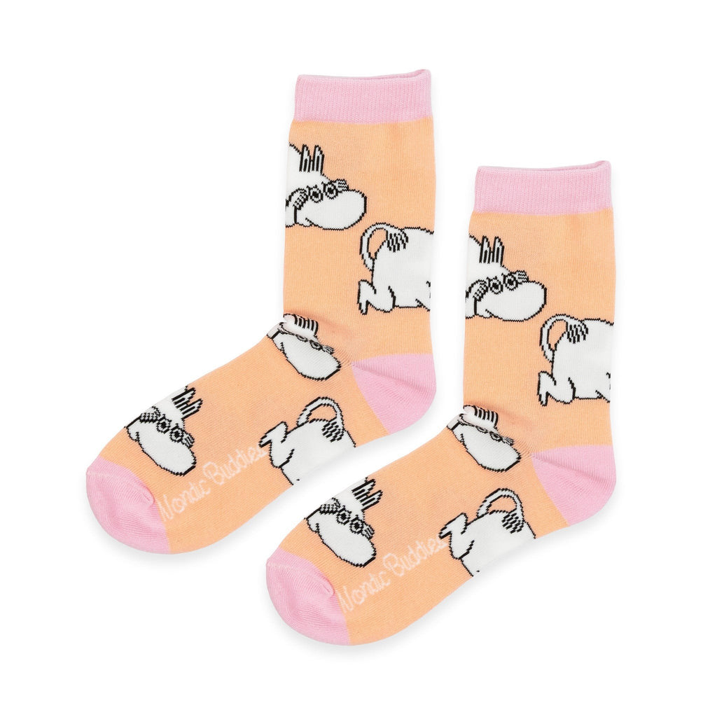 3. Peach socks with Moomintroll character and pink accents, featuring NordicBuddies logo
