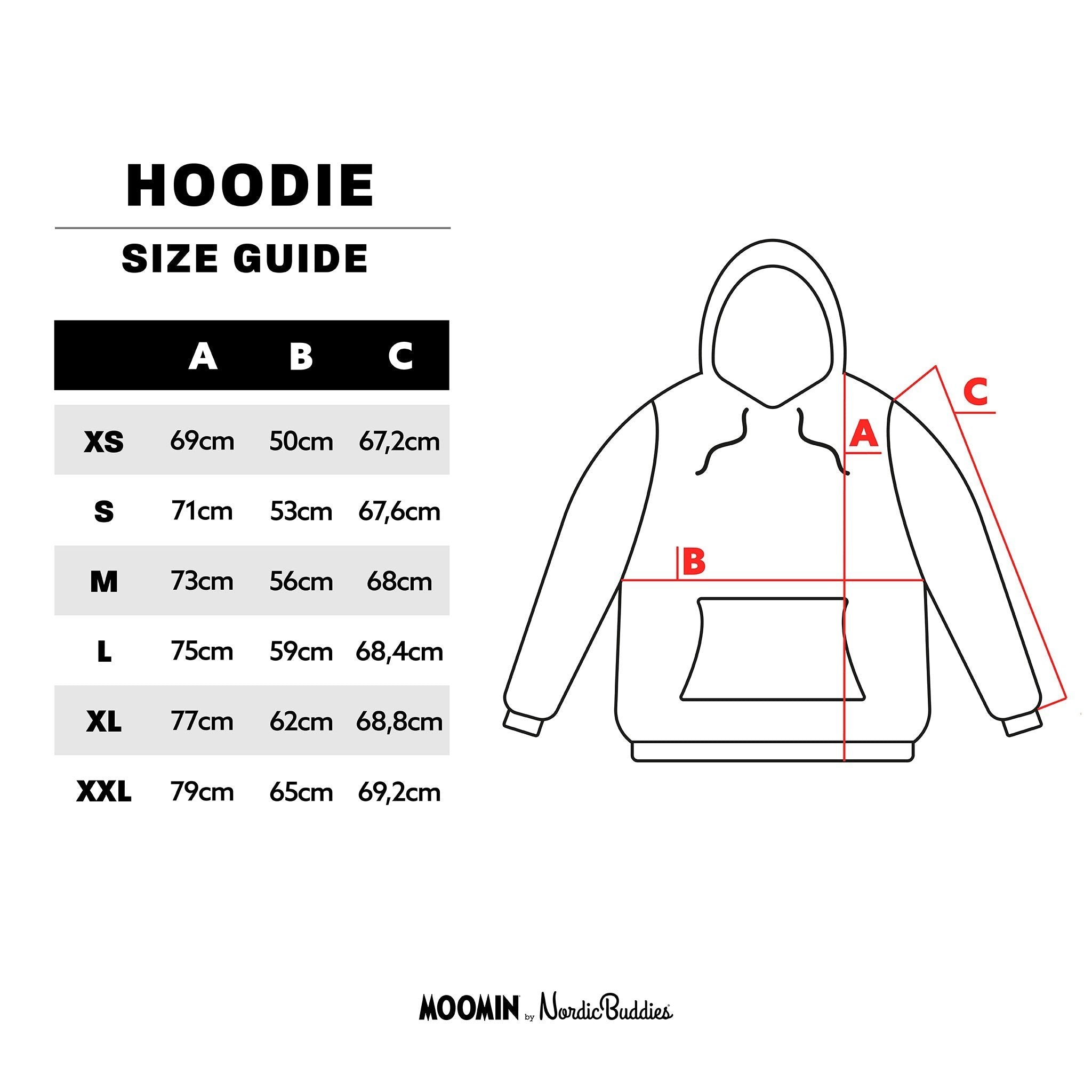 7. Size chart for Moomintroll's Temper Hoodie, showing XS–XXL measurements in cm