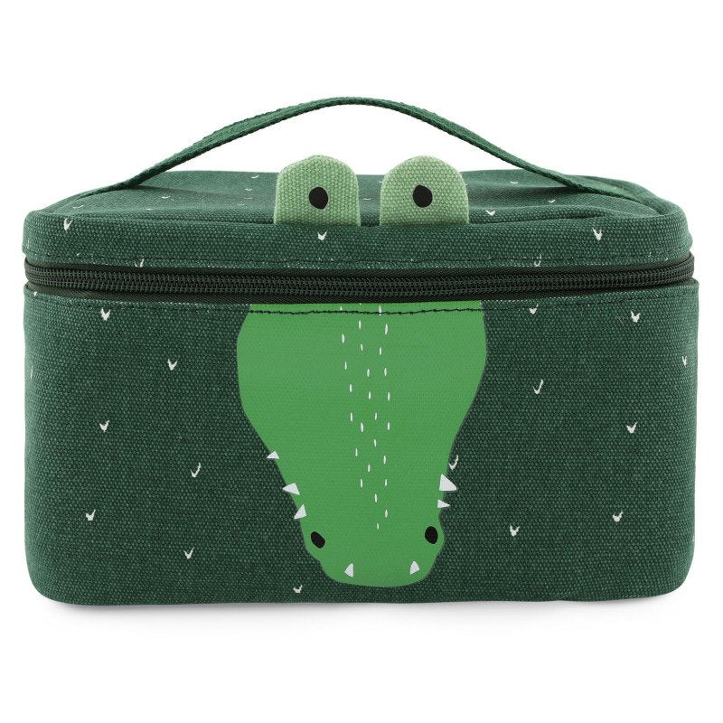 2. Green thermal lunch bag with Mr. Crocodile design, featuring a playful crocodile face and handle, on a white background