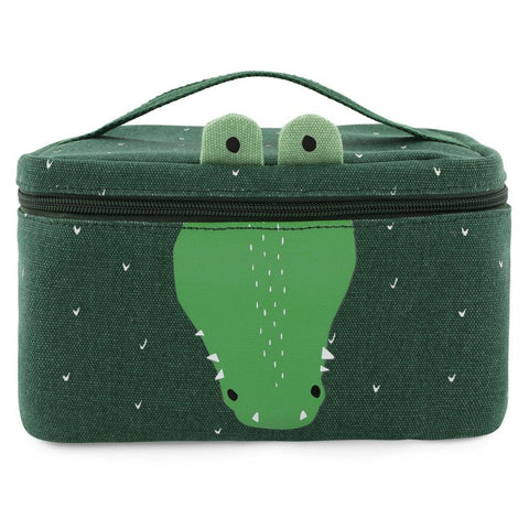2. Green thermal lunch bag with Mr. Crocodile design, featuring a playful crocodile face and handle, on a white background
