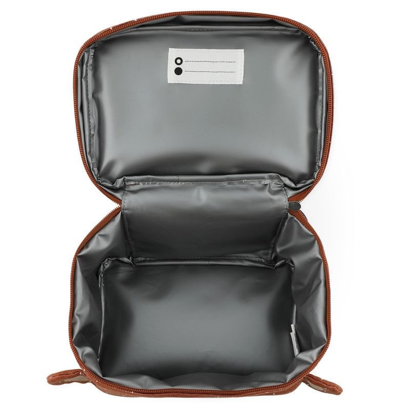 3. Open Trixie Baby Mr. Monkey thermal lunch bag showing spacious grey isothermal lining and name tag inside