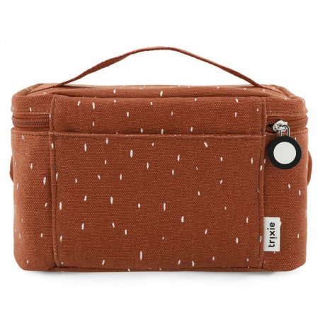 2. Back view of Trixie Baby Mr. Monkey thermal lunch bag showing brown cotton fabric with white speckles and Trixie logo tag