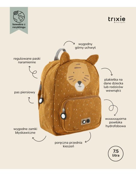 5. Size chart for Trixie Baby Mr. Tiger backpack with features labeled in Polish, capacity 7.5 liters