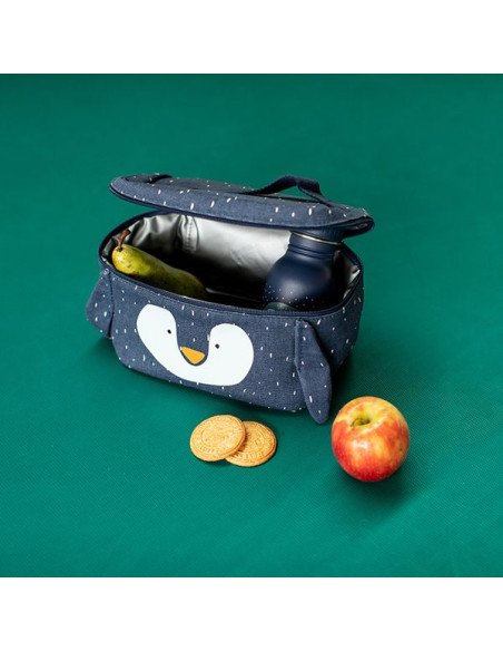 4. Open Trixie Baby Mr. Penguin lunch bag with food items inside, showing isothermal lining