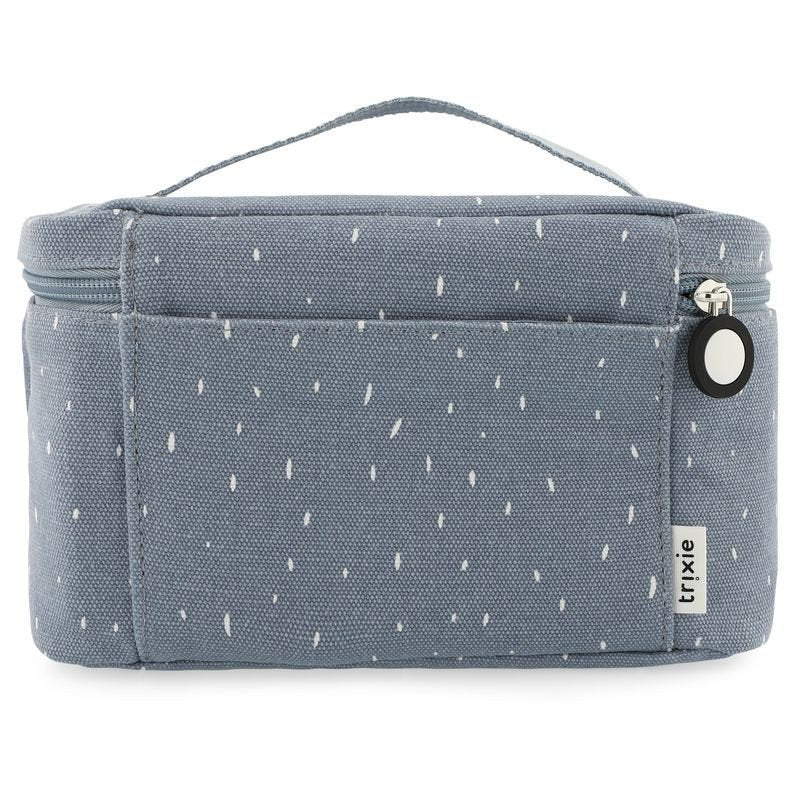 3. Back view of Trixie Baby Mr. Elephant thermal lunch bag showing small pocket and Trixie logo tag