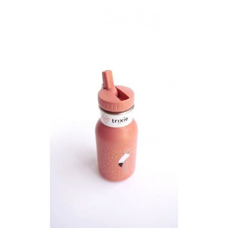 2. Pink stainless steel bottle with flamingo design and open spout, angled view