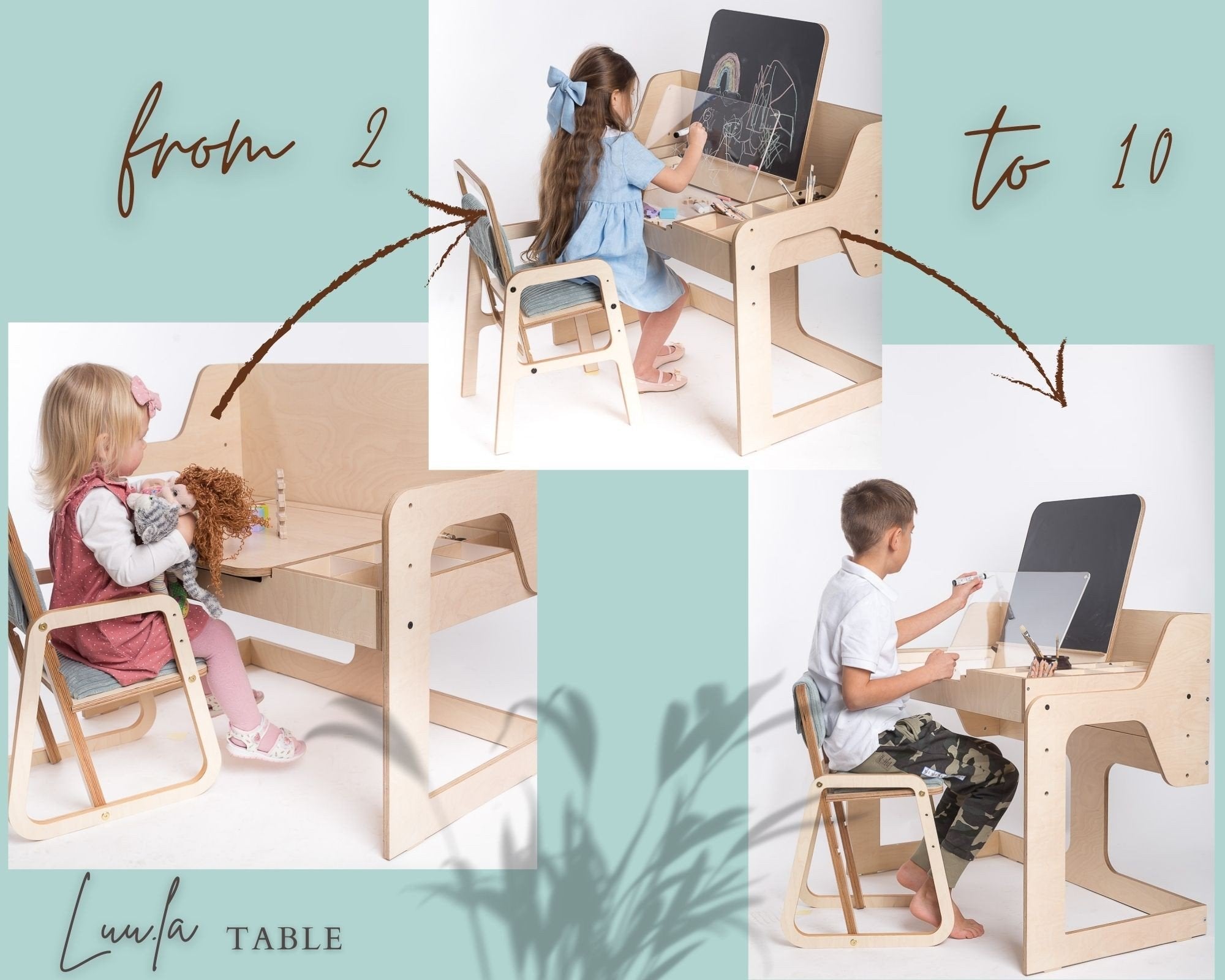 4. Children of various ages using Luula table in different activities, demonstrating versatility from ages 2 to 10