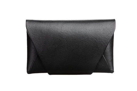 1. Black leather coin pocket with envelope-style flap closure on white background