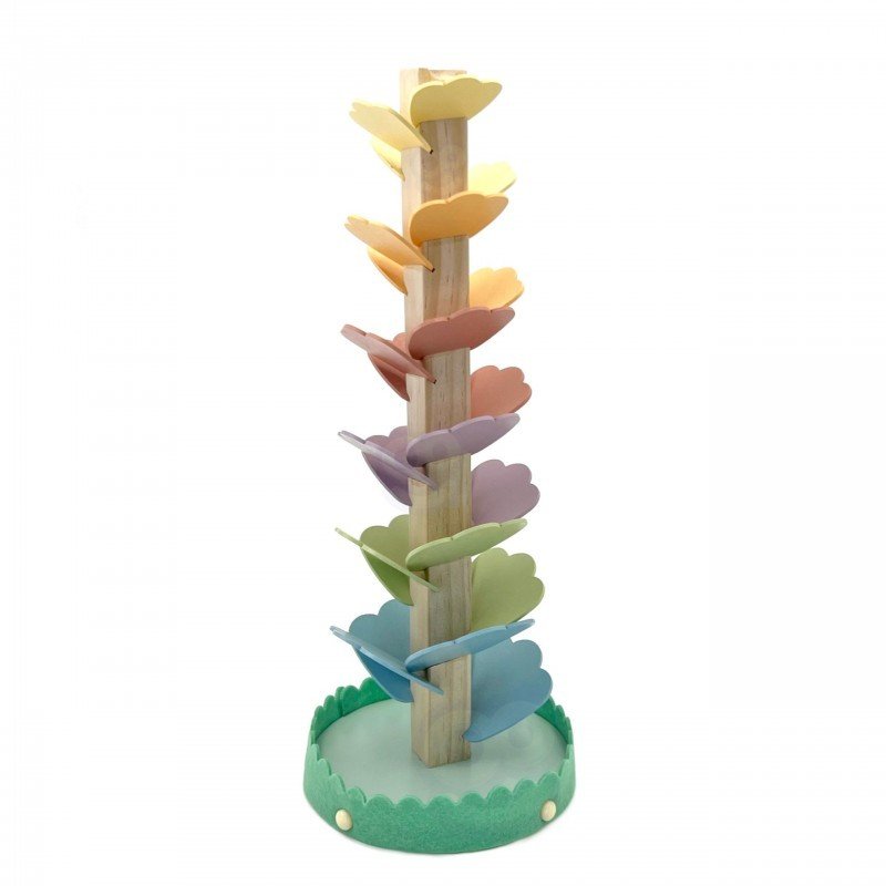 6. Studio shot of pastel-colored wooden ball track with green base