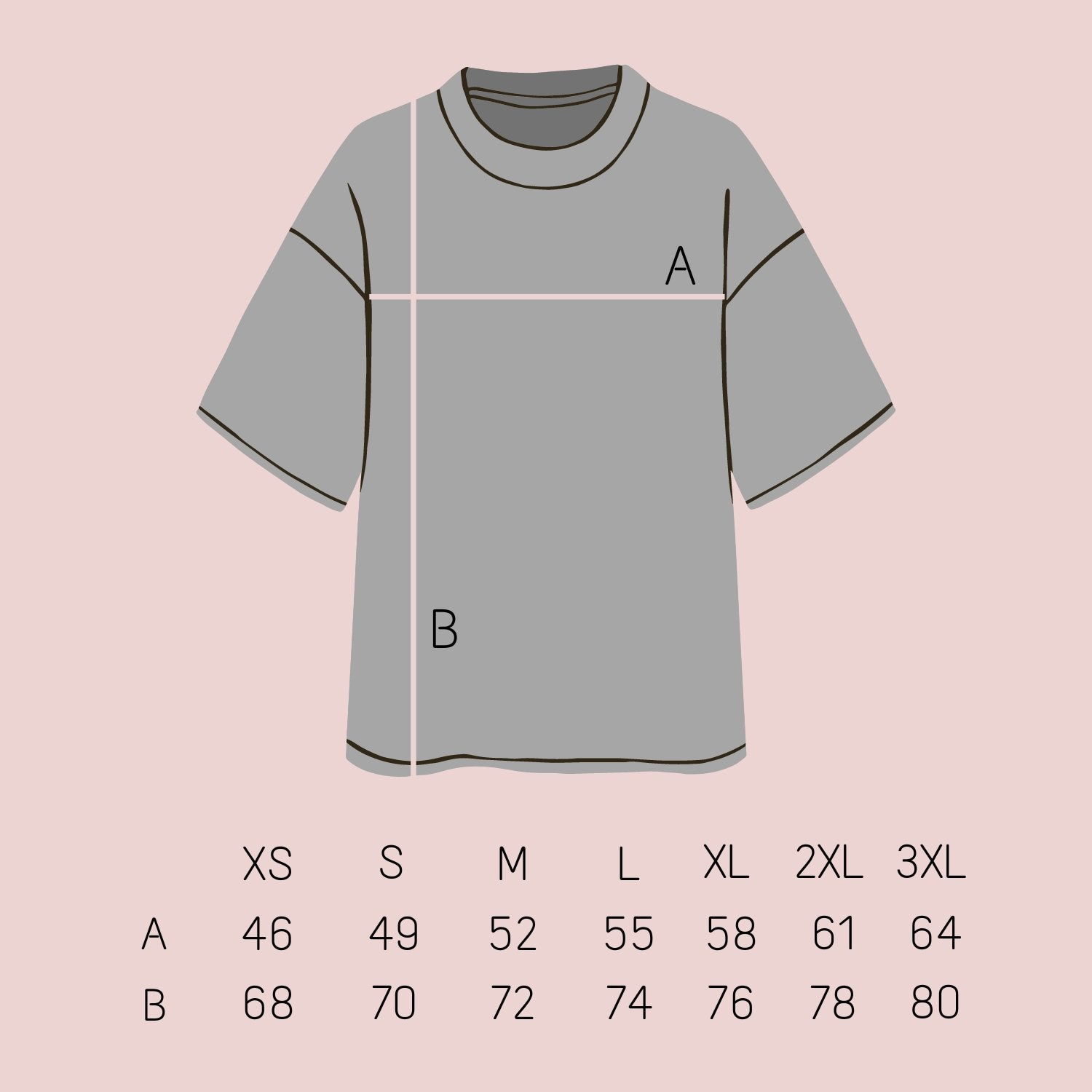3. Size chart for unisex organic cotton t-shirt, showing measurements for XS to 3XL