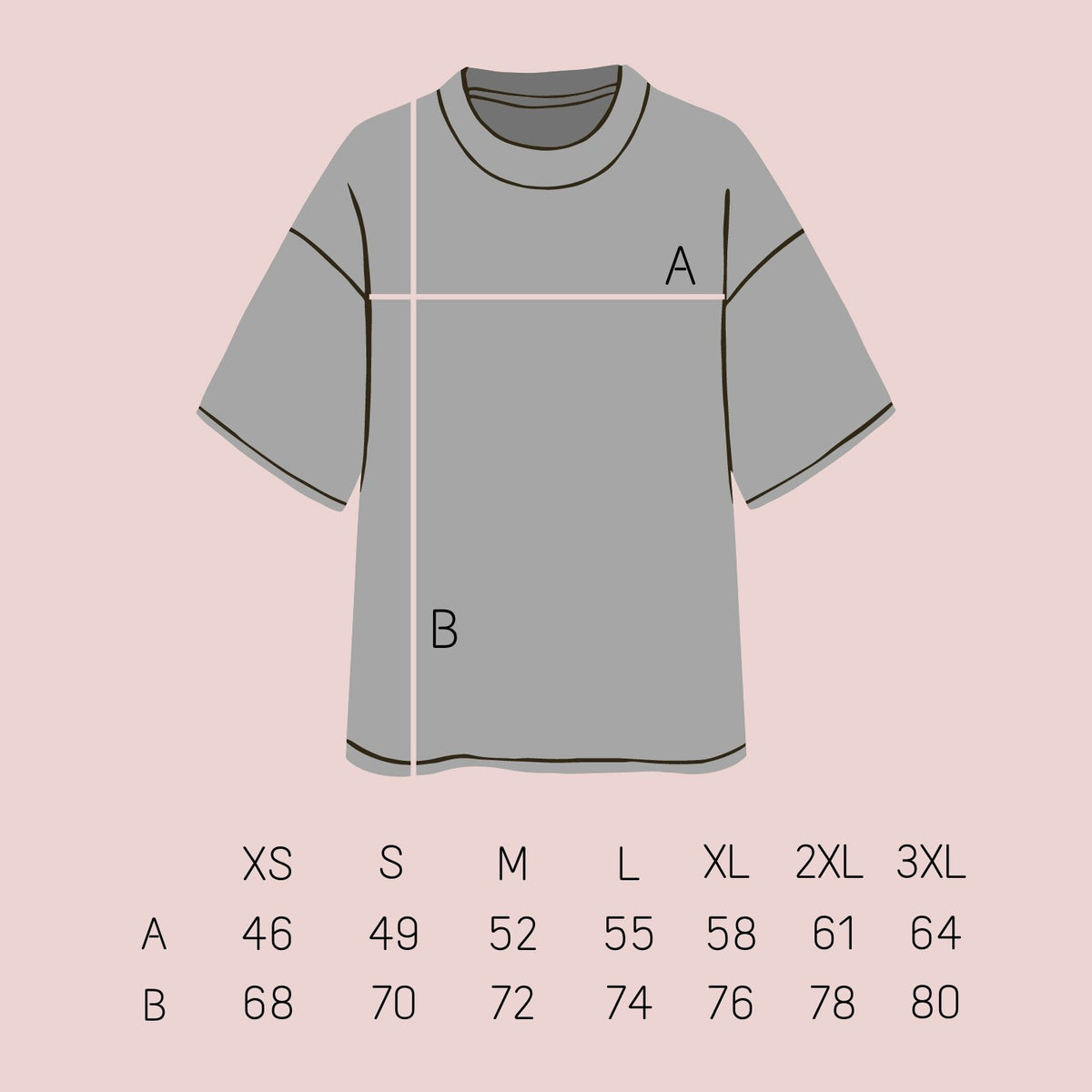 4. Size chart for unisex organic cotton T-shirt, showing measurements for XS to 3XL
