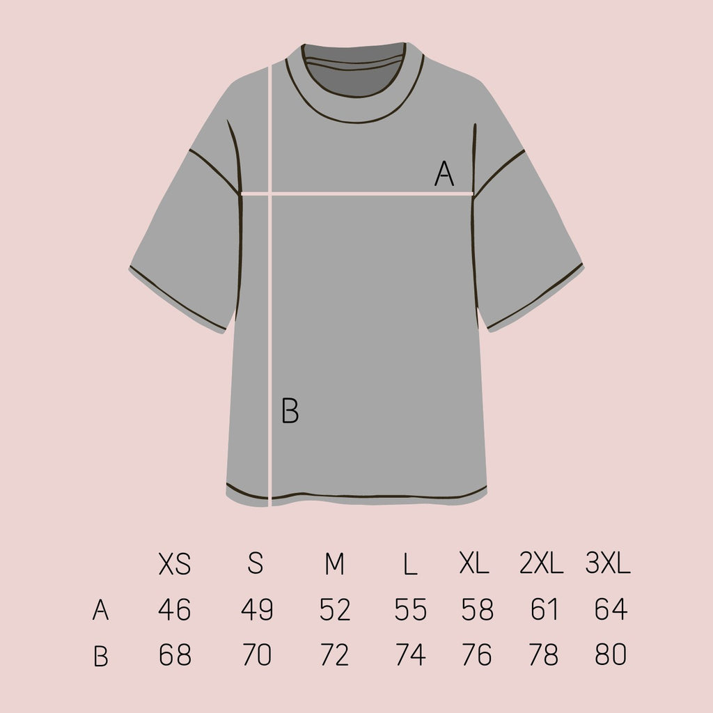 3. Size chart for unisex organic cotton T-shirt, showing measurements for XS to 3XL