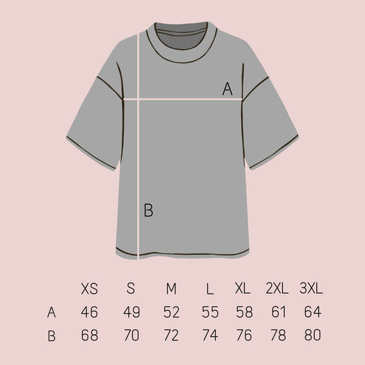 2. Size chart for unisex organic cotton t-shirt, showing measurements for sizes XS to 3XL