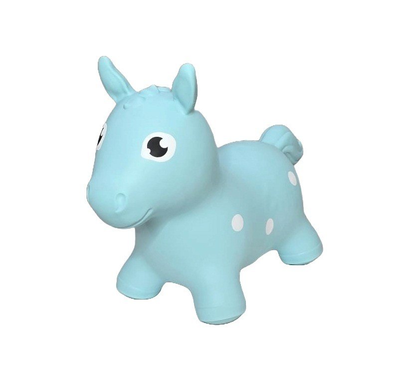 2. Blue horse-shaped hopper toy for children made from non-slip, food-grade material with white polka dots, designed for active play and balance development, suitable for indoor and outdoor use.