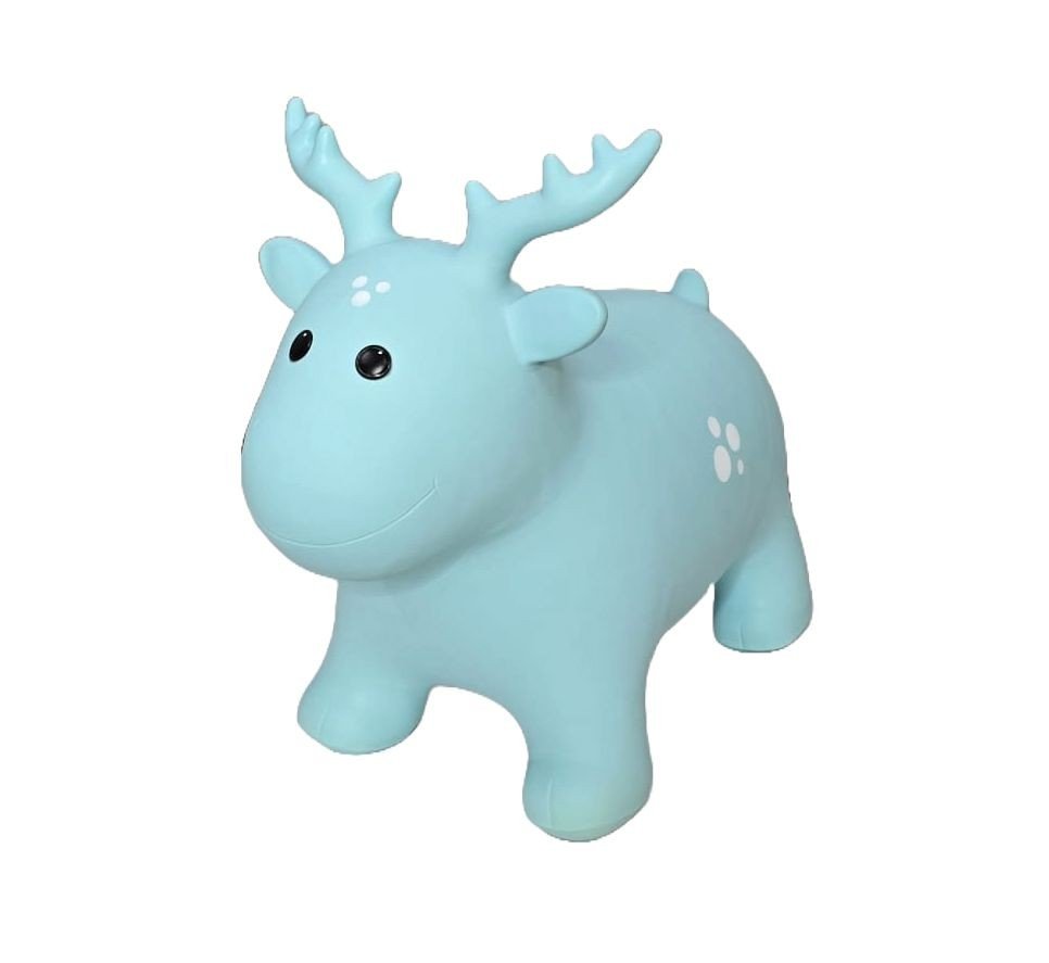 1. Blue moose-shaped hopper toy for children made from non-slip, food-grade material, suitable for indoor and outdoor play, shown in a studio setting.