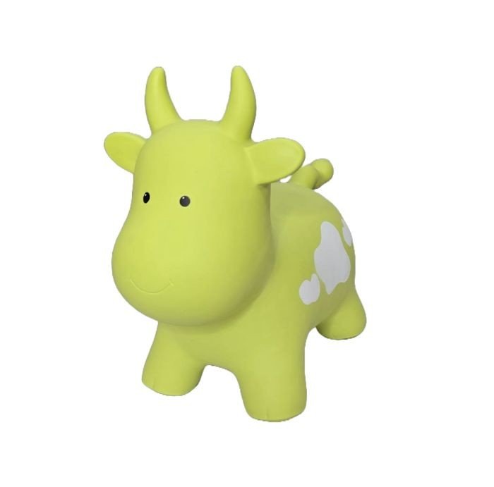 3. Green cow-shaped hopper toy with white spots shown in studio setting