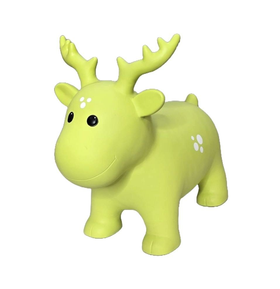 2. Green moose-shaped hopper toy made from non-slip food-grade material, featuring white spots and antlers, shown in a studio setting