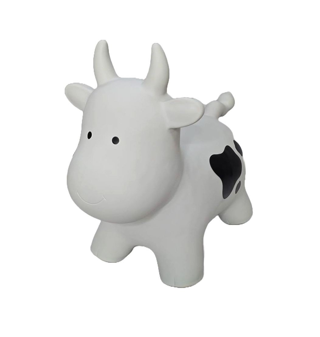 1. Grey cow-shaped hopper toy with black spots, designed for children, made from non-slip food-grade material, suitable for indoor and outdoor play, shown in a studio setting.