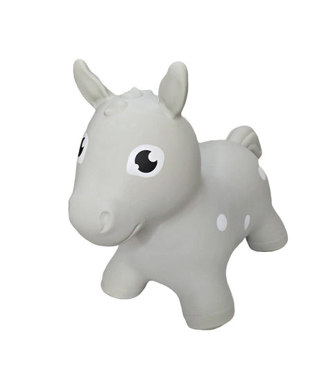 1. Grey horse-shaped hopper toy for children made from non-slip, food-grade material with white spots and cartoon eyes, suitable for indoor and outdoor play, by Gerardo's Toys.