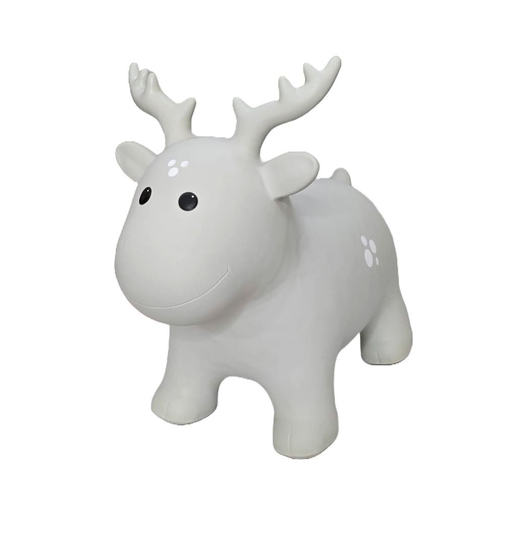 1. Grey moose-shaped hopper toy made from non-slip food-grade material, featuring antlers and a smiling face, designed for active play and balance development for children 12 months and up.