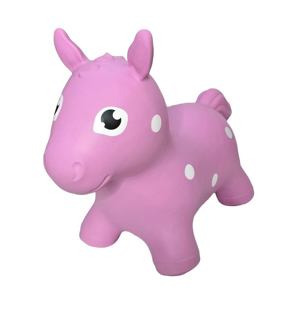 2. Pink horse hopper toy with white polka dots on a white background