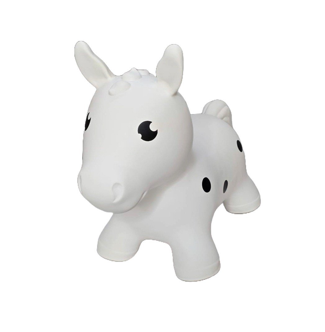 1. White horse-shaped hopper toy with black spots, designed for children, made from non-slip food-grade material, suitable for indoor and outdoor play, by Gerardo's Toys.