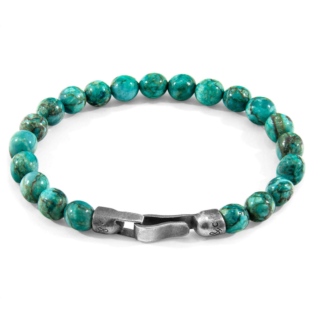 1. ANCHOR & CREW Nachi silver and blue turquoise stone beaded bracelet with sterling silver clasp, studio shot