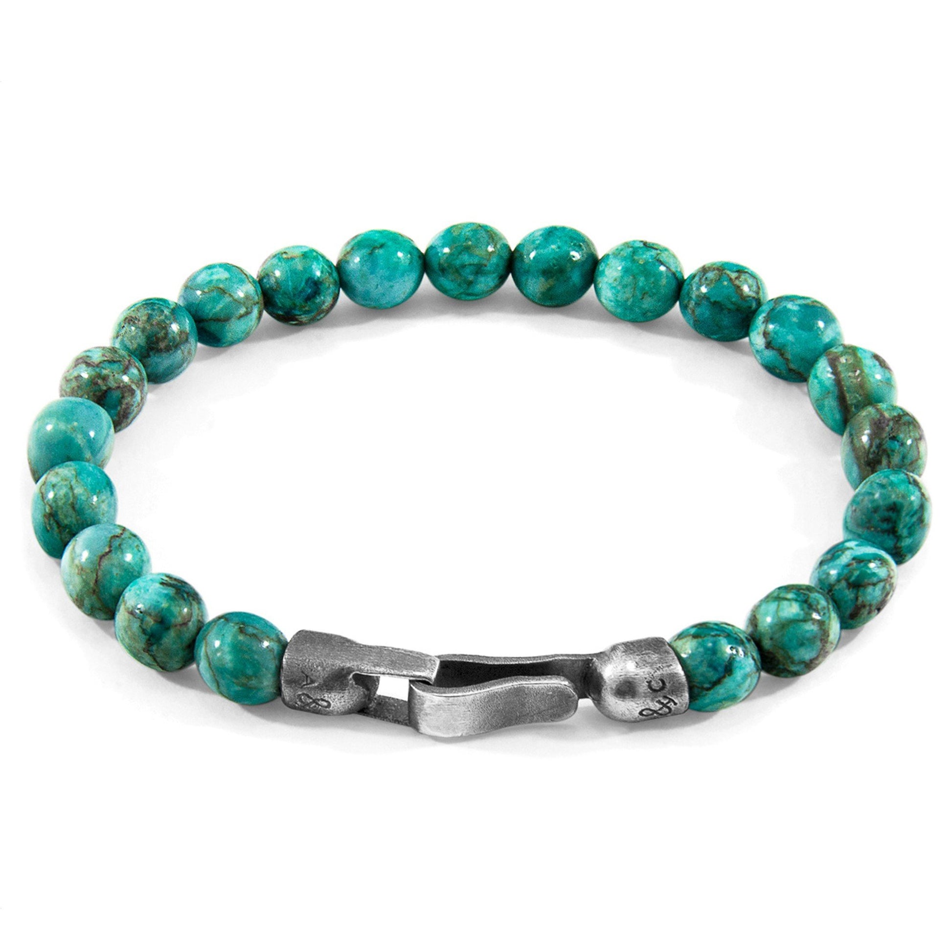 1. ANCHOR & CREW Nachi silver and blue turquoise stone beaded bracelet with sterling silver clasp, studio shot