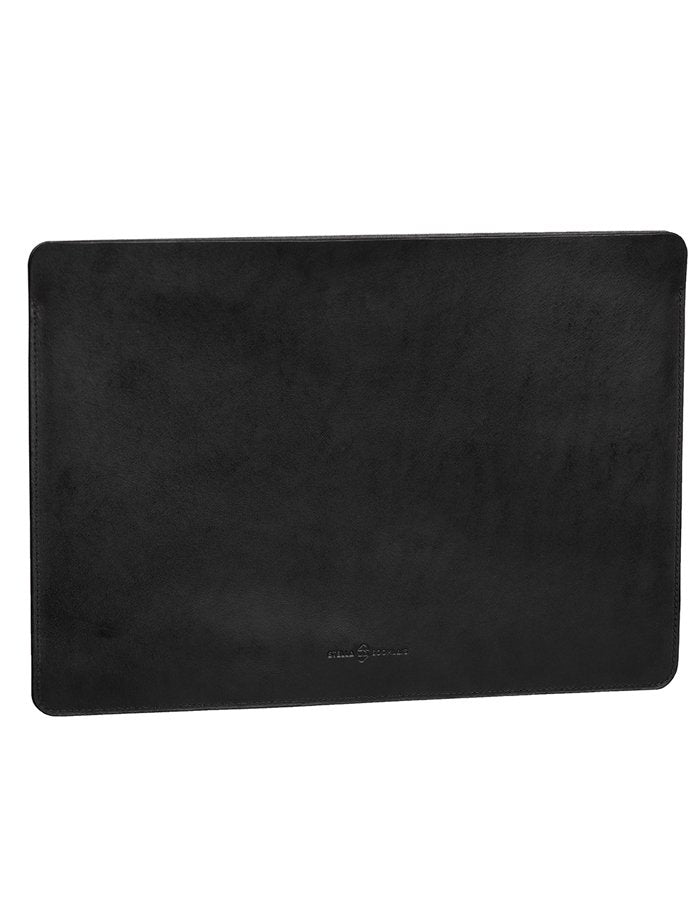 7. Black leather laptop sleeve with Stella Soomlais logo on plain background