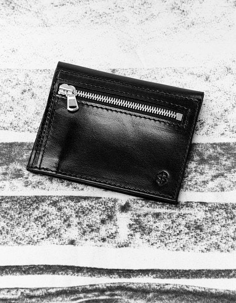 5. Black leather wallet with zipper pocket on textured background