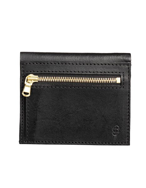 7. Black leather wallet with gold zipper pocket on white background