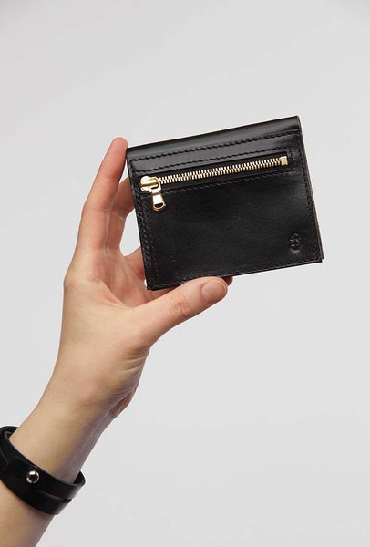 2. Hand holding black leather wallet with visible zipper pocket on clean background