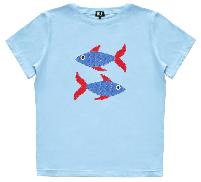 3. Women's Pisces T-shirt in light blue with fish design, studio shot