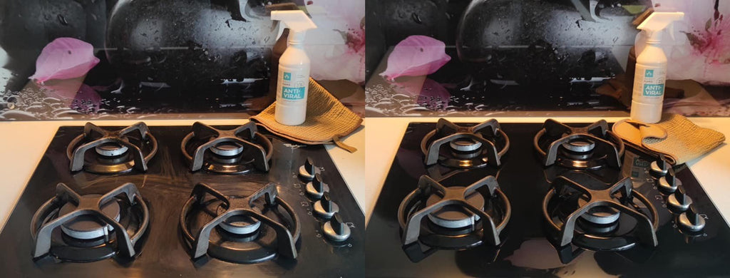 1. GoGoNano Anti-Viral cleaner on kitchen countertop with stove, showing cleaning effect