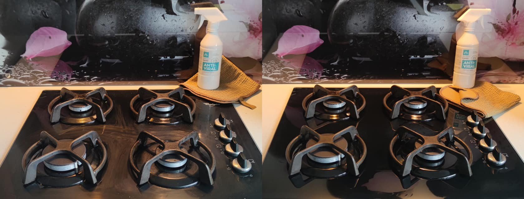 1. GoGoNano Anti-Viral cleaner on kitchen countertop with stove, showing cleaning effect