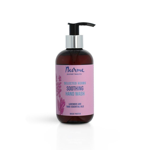 7. Nurme soothing hand wash bottle with lavender and essential oils on white background