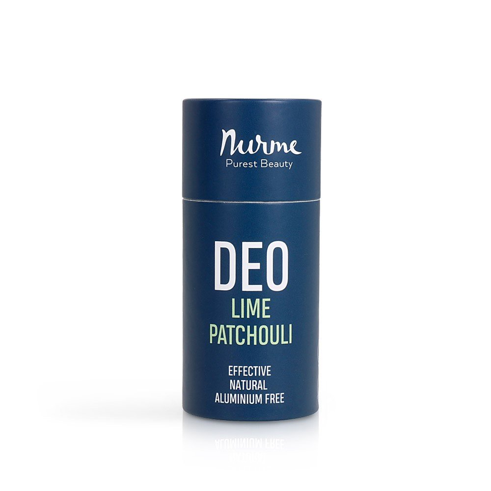4. Studio shot of Nurme Lime & Patchouli natural deodorant in blue packaging on a white background