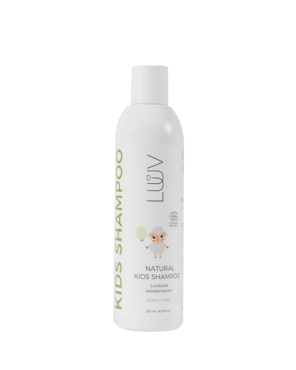 2. LUUV Natural Kid's Shampoo Pear COSMOS bottle with green text and cartoon design on white background