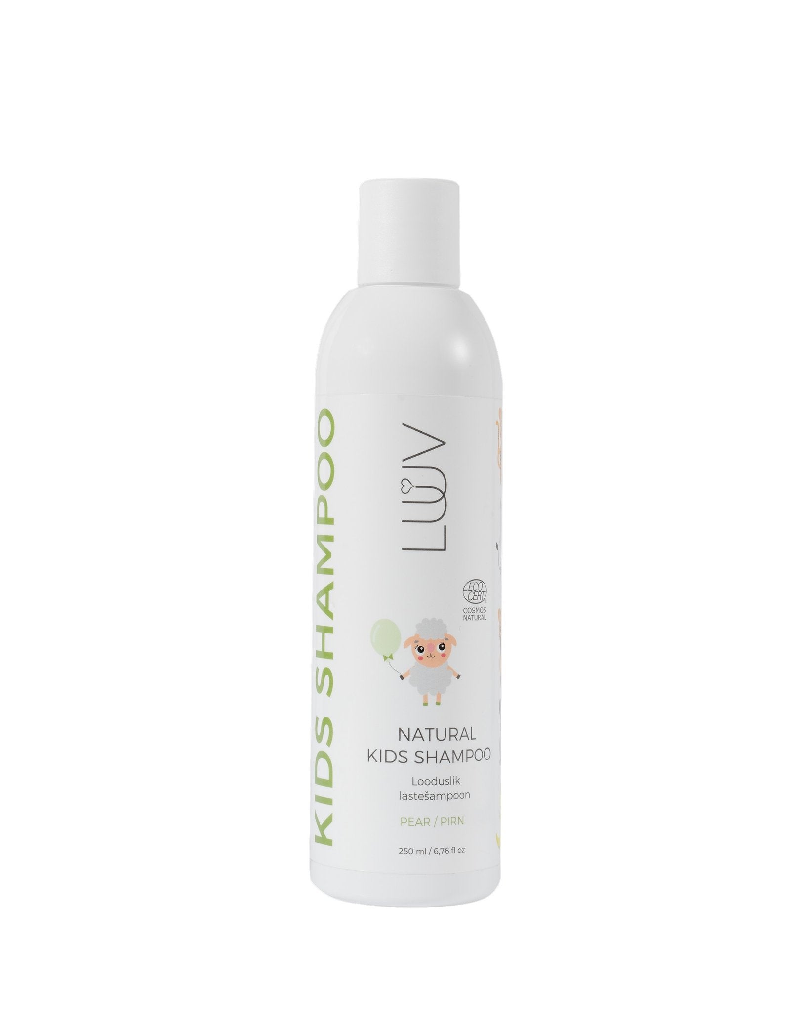 2. LUUV Natural Kid's Shampoo Pear COSMOS bottle with green text and cartoon design on white background