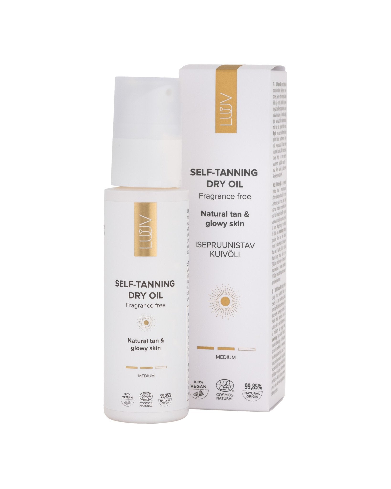 4. Woman holding LUUV Natural Self Tanning Dry Oil and Bronze Oil, showcasing tanning products