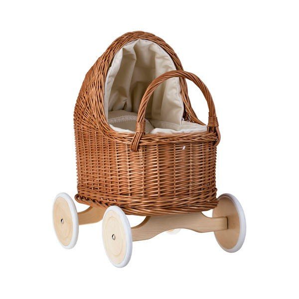 10. Angled front view of natural wicker doll pram with beige bedding and wooden wheels