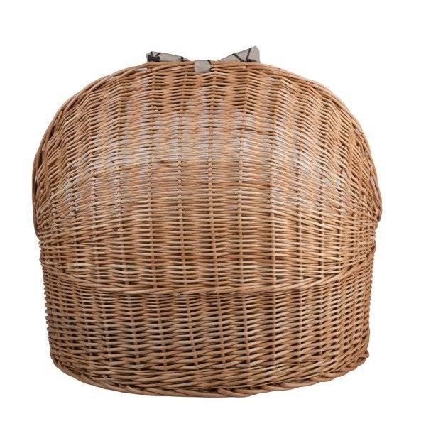 4. Back view of natural wicker pet house showcasing woven design and bow detail