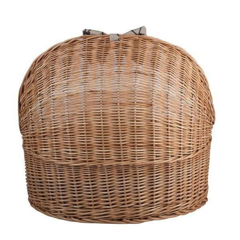 4. Back view of natural wicker pet house showcasing woven design and bow detail