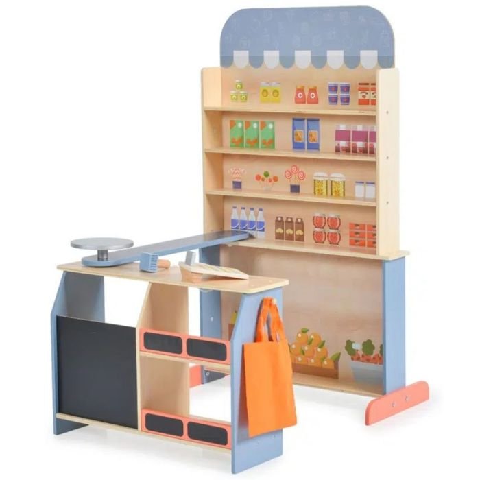 1. Wooden supermarket playset with shelves, cash register, scanner, scale, and orange shopping bag, featuring colorful product illustrations, by Gerardo's Toys
