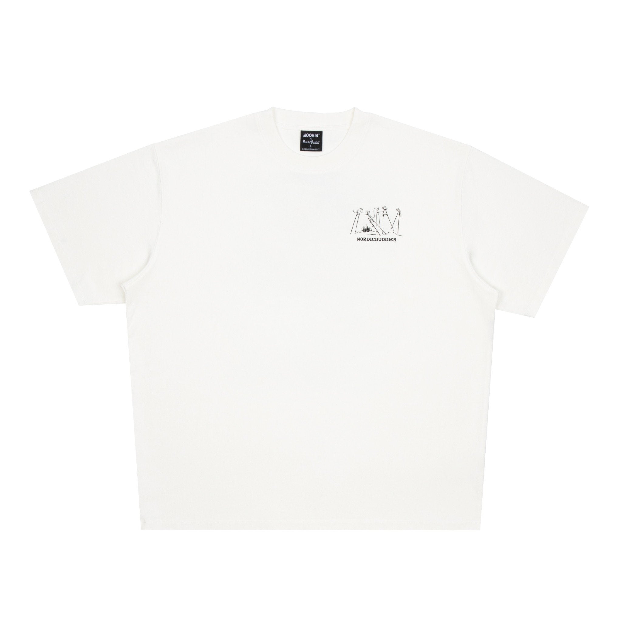 4. Studio shot of unisex white Moomin t-shirt showing front logo design by NordicBuddies