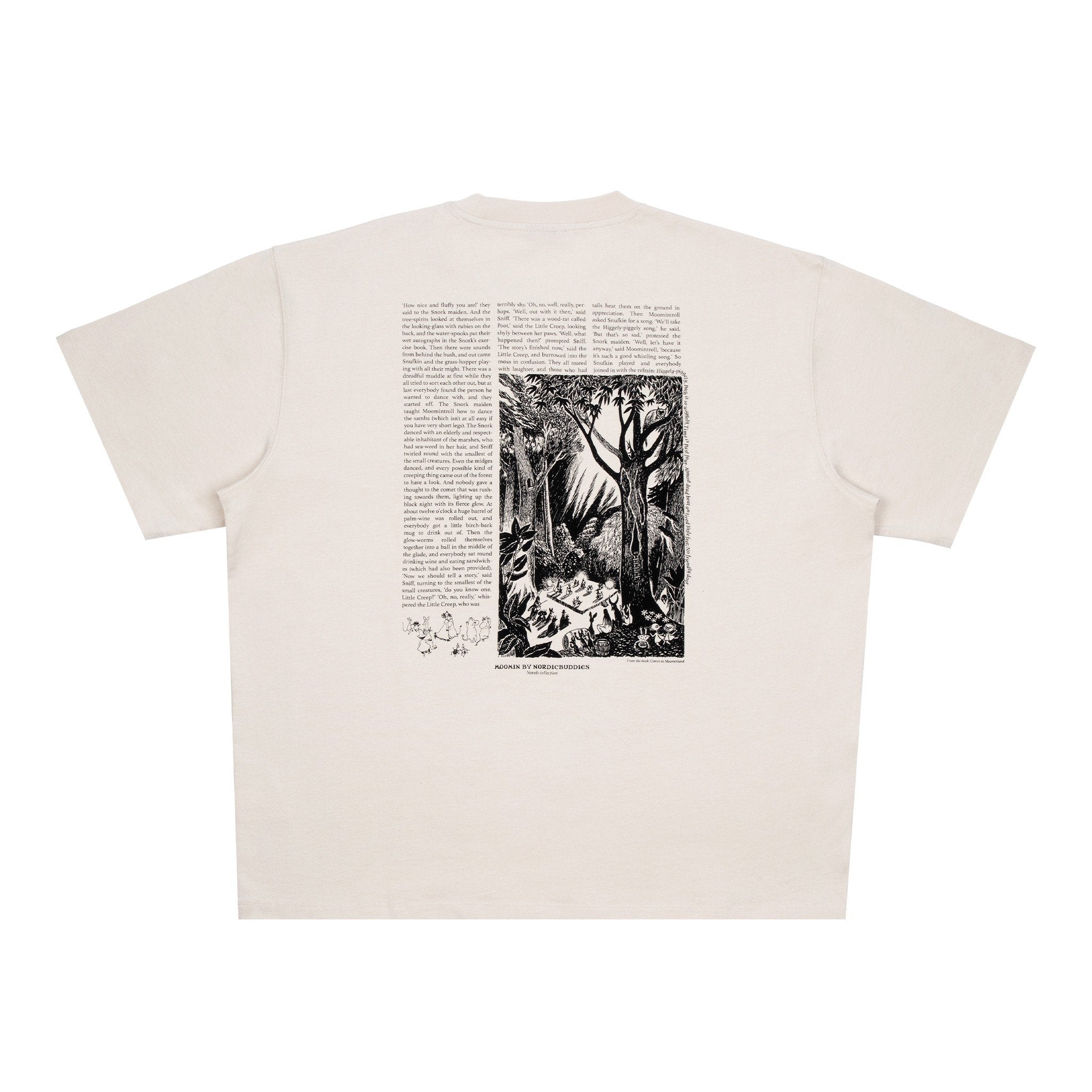 6. Size chart for Moomin unisex t-shirt, showing XS–XXL measurements in cm