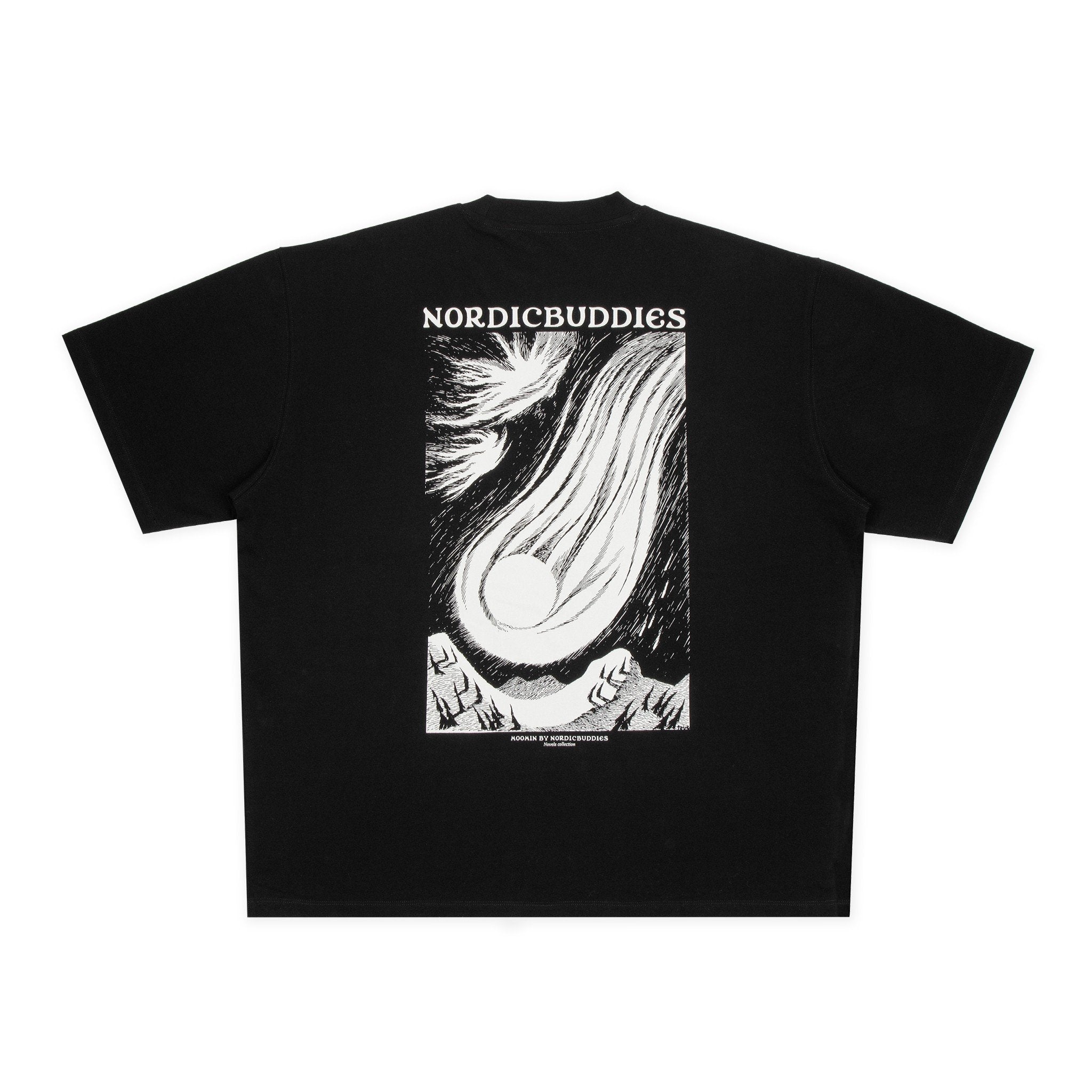 6. Studio shot of black Moomin t-shirt highlighting bold back design